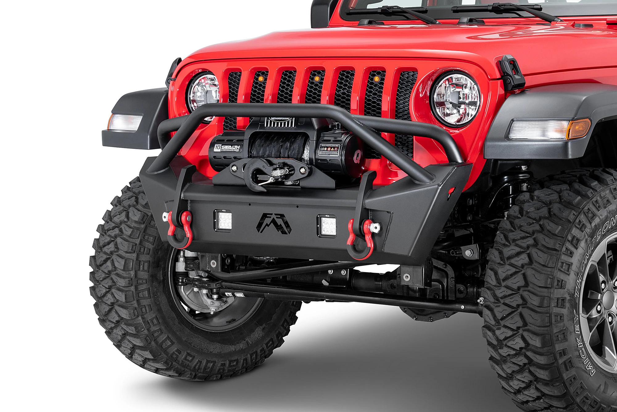 Fab Fours JL18-B4752-1 Front Stubby Bumper with Pre-Runner Guard in black for 18-23 Jeep Wrangler JL and Gladiator JT