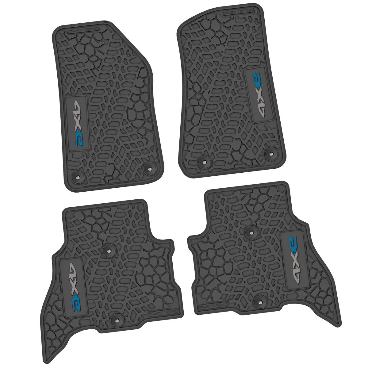 FlexTread NGTT46025948 Tire Tread/Scorched Earth Scene Front & Rear Floor Liners with 4XE Logo in Black with White Logo for 21-26 Jeep Wrangler JL Unlimited 4xe