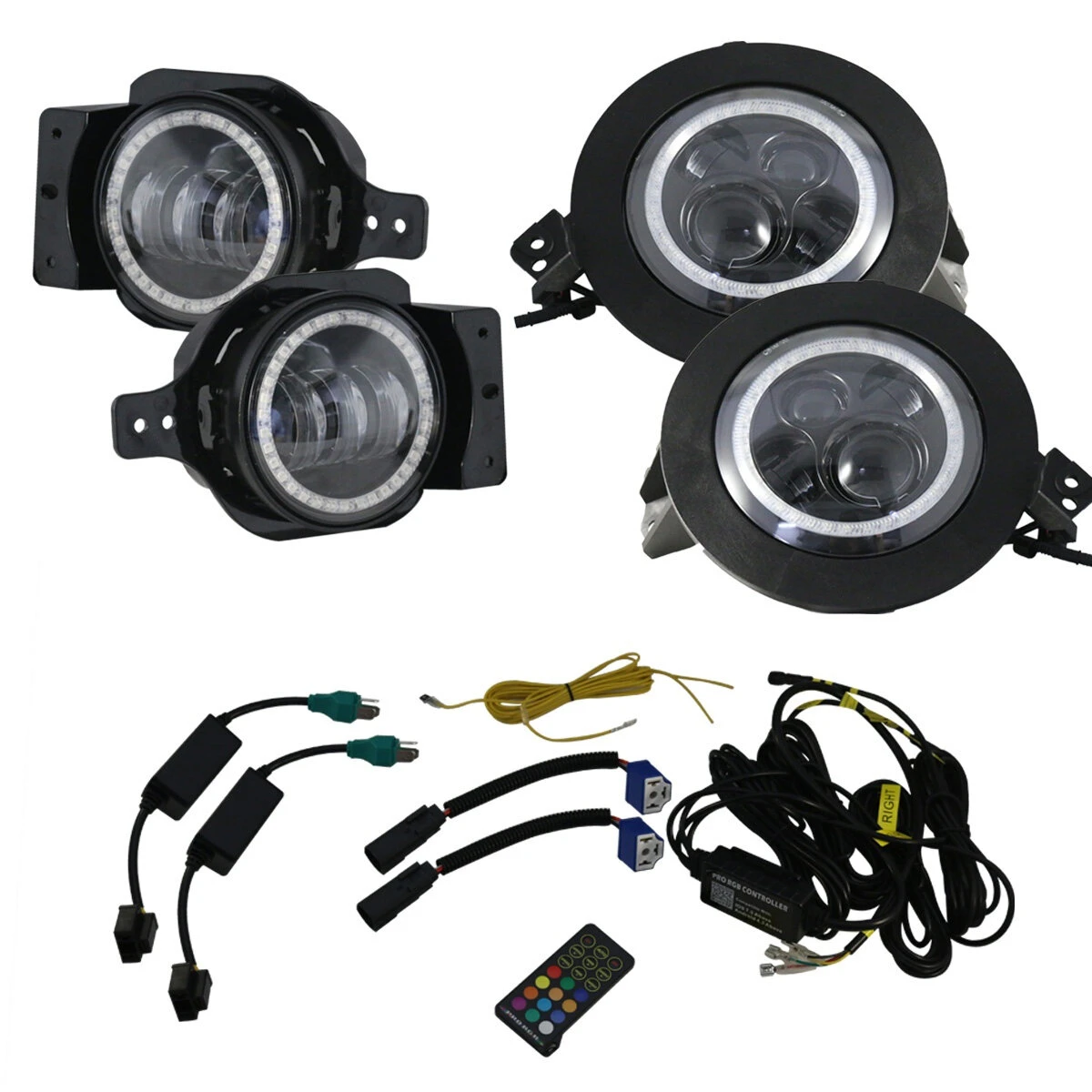 Race Sport Lighting RS9COMBOKIT 9in Adapted Headlight & 4in Foglight ColorSMART Combo Complete RGB Multi-Color Kit - RGBW Mulit-Color Kit Chasing Version for 18-26 Jeep Wrangler JL & Gladiator JT